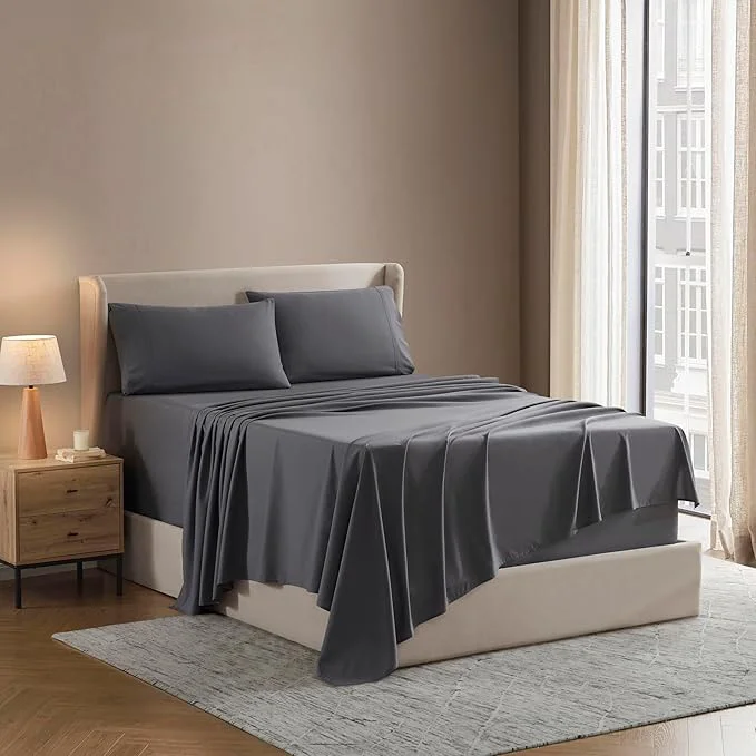 Practical Nestl Short Queen Sheet Set - 1800 Ultra-Soft Microfiber - Double Brushed - Deep Pockets - Easy Fit - 4 Piece Set - Bed Sheets Short Queen Dark Grey Sustainable