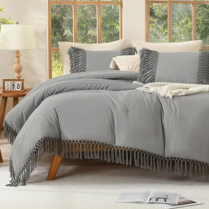 Fast Andency Queen Comforter Set Medium Grey 3 Pieces Boho Lightweight Fall Bedding Comforter Sets Tassel Bed Set 90x90In Comforter amp 2 Pillowcases Superior