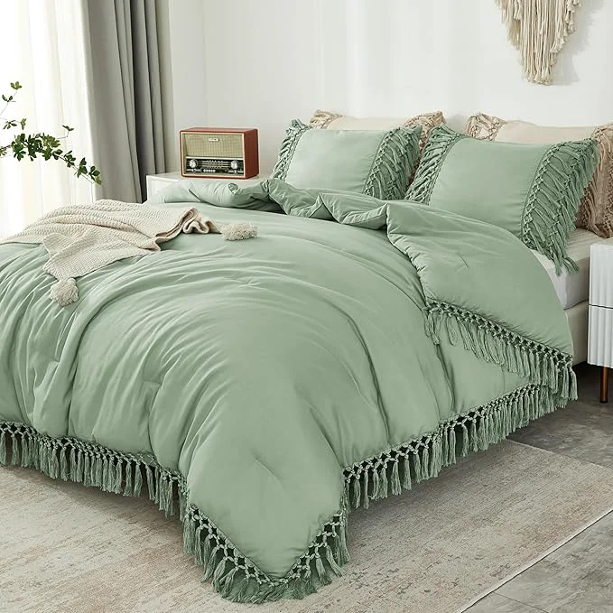 Advanced Andency Full Size Comforter Set Sage Green 3 Pieces Boho Tassel Lightweight Vintage Soft Bedding Comforter Sets All Season Fluffy Fringe Bed Set 79x90In Comforter amp 2 Pillowcases