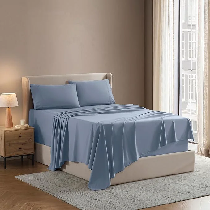 Efficient Nestl Short Queen Sheet Set - 1800 Ultra-Soft Microfiber - Double Brushed - Deep Pockets - Easy Fit - 4 Piece Set - Bed Sheets Short Queen Stone Blue Traditional