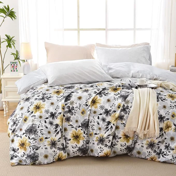 Lightweight MUXHOMO Duvet Cover Queen Size Reversible Floral Vintage Duvet Cover Set with Zipper Closure 3 Pieces Botanical Patterns Soft Microfiber Bedding Set 90 quot x90 quot 2 Pillow Cases Yellow Grey Flower High-Grade