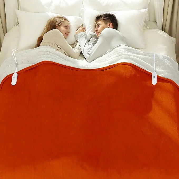 Superior Electric Heated Blanket Queen Size 84 quot x90 quot - Flannel Sherpa Electric Blanket with Dual Control 5 Heating Levels amp 10 Hours Auto Off Heated Blanket for Women with Overheat Protection Orange Relaxed