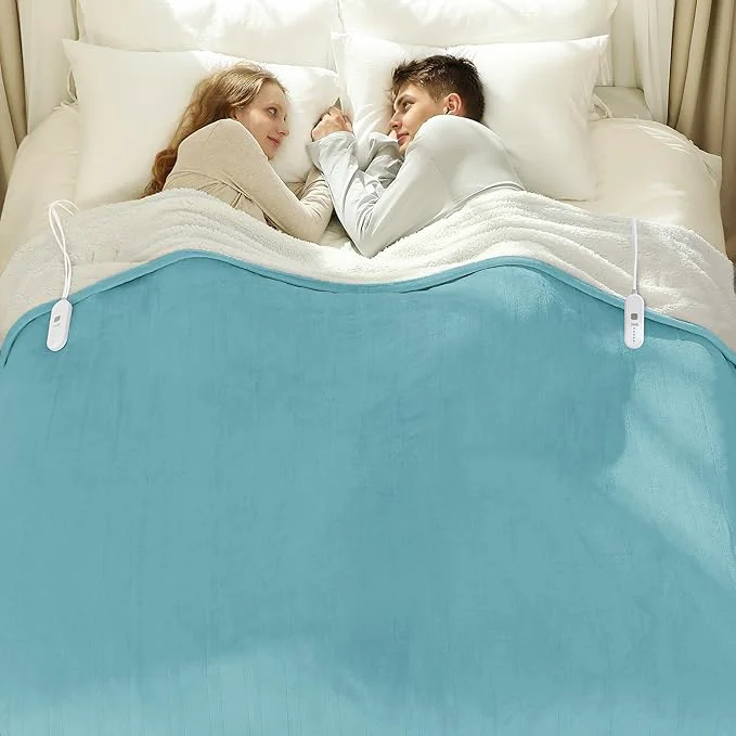 Organic Queen Size Electric Blanket 84 quot x 90 quot - Flannel Sherpa Washable Heated Blanket with Dual Control 5 Heating Levels amp 10 Hours Auto Off Heating Blanket with Overheat Protection for Home Blue Modern