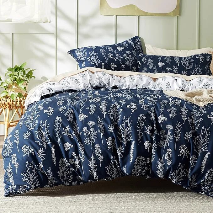 High-Quality Bedsure Twin Twin XL Duvet Cover - Reversible Navy Blue Duvet Cover Set with Zipper Closure 2 Pieces Cute Floral Patterned Bedding Set with 8 Corner Ties and 1 Pillow Sham Minimalist