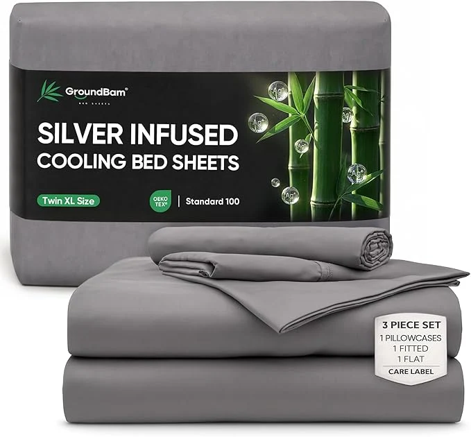 Smart Silver Infused Bed Sheets Set Temperature-Regulating Fabric with Self-Cleaning Technology for 3X Freshness Sleep Grey Twin XL Detailed