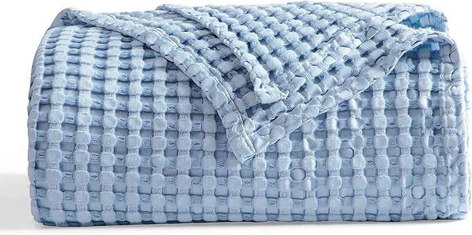 Enhanced Bedsure Cooling Cotton Waffle Queen Size Blanket - Lightweight Breathable Blanket of Rayon Derived from Bamboo for Hot Sleepers Luxury Throws for Bed Couch and Sofa Sky Blue 90x90 Inches Green