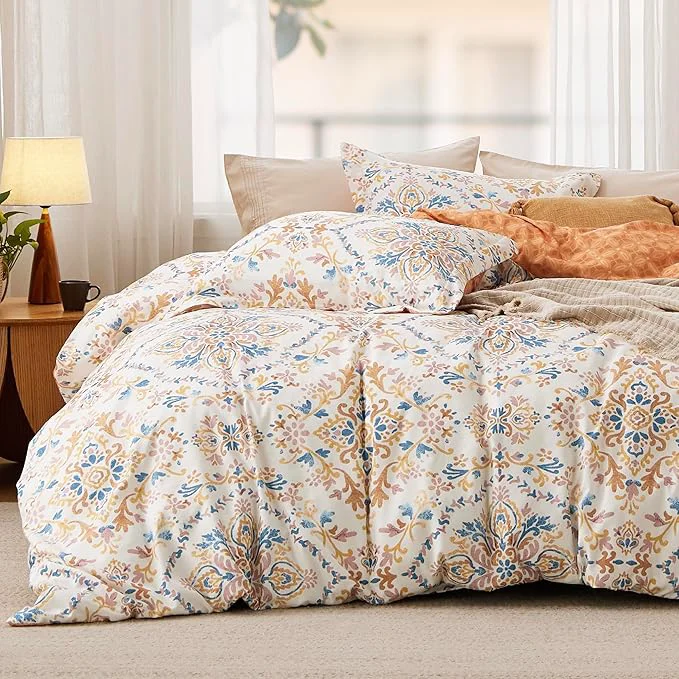 Reusable Bedsure Duvet Cover Queen Size - Reversible Floral Duvet Cover Set with Zipper Closure 3 Pieces Bohemian Orange Bedding Set with 8 Corner Ties and 2 Pillow Shams 20 quot x26 quot Smart