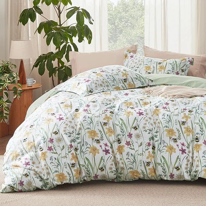 Reusable Bedsure Duvet Cover King Size - Reversible Floral Patterned Duvet Cover Set with Zipper Closure 3 Pieces Green Bedding Set with 8 Corner Ties and 2 Pillow Shams 20 quot x36 quot Detailed