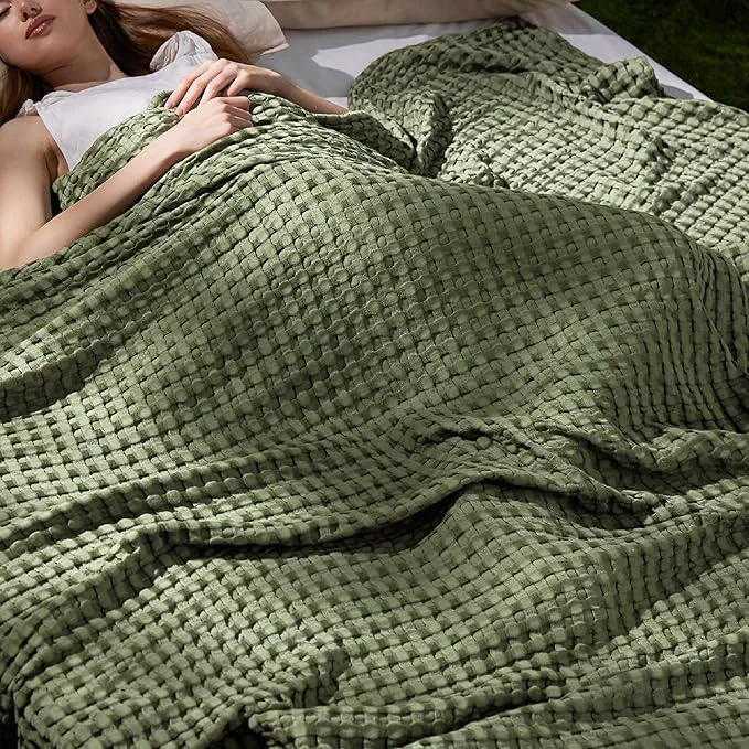 Long-Lasting Bedsure Cooling Cotton Waffle King Size Blanket - Lightweight Breathable Blanket of Rayon Derived from Bamboo for Hot Sleepers Luxury Throws for Bed Couch and Sofa Olive Green 104x90 Inches Healthy