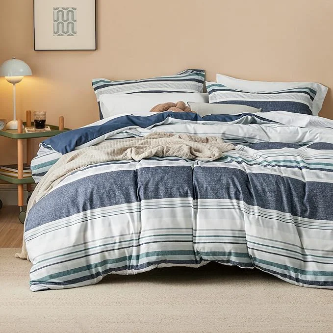 Elegant Bedsure Duvet Cover King Size - Reversible Striped Duvet Cover Set with Zipper Closure 3 Pieces Blue Bedding Set with 8 Corner Ties and 2 Pillow Shams 20 quot x36 quot Easy-to-Use