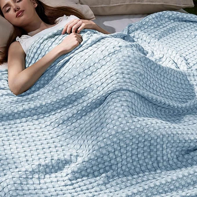 Next-Generation Bedsure Cooling Cotton Waffle King Size Blanket - Lightweight Breathable Blanket of Rayon Derived from Bamboo for Hot Sleepers Luxury Throws for Bed Couch and Sofa Light Blue 104x90 Inches Trusted
