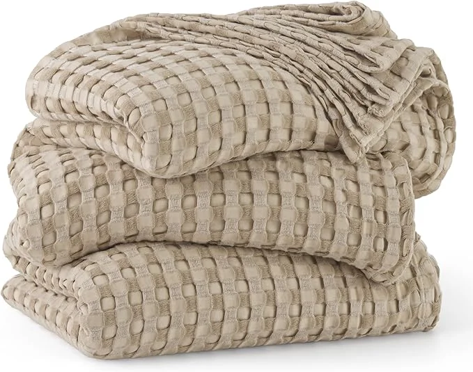 Green Bedsure Cooling Cotton Waffle Oversized King Blanket - Lightweight Breathable Blankets Rayon Derived from Bamboo for Hot Sleepers Luxury Throws for Bed and Sofa Light Brown 120x96 Inches Versatile
