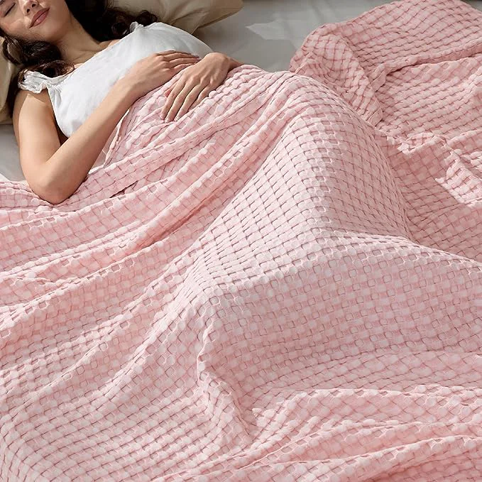 Fine Crafted Bedsure Cooling Cotton Waffle King Size Blanket - Lightweight Breathable Blanket of Rayon Derived from Bamboo for Hot Sleepers Luxury Throws for Bed Couch and Sofa Pink 104x90 Inches Efficient