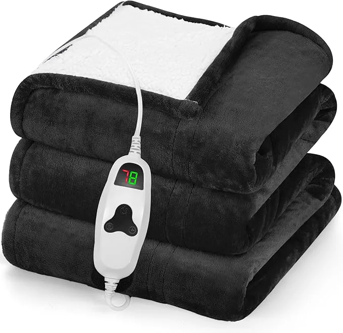 Safe greenoak Heated Blanket Electric Throw 50 quot X60 quot Heating Blanket with 10 Heat Levels 8 Hours Auto-Off Fleece Soft Blanket Birthday Gifts for Grandma Seniors Lacquered Black High-Grade