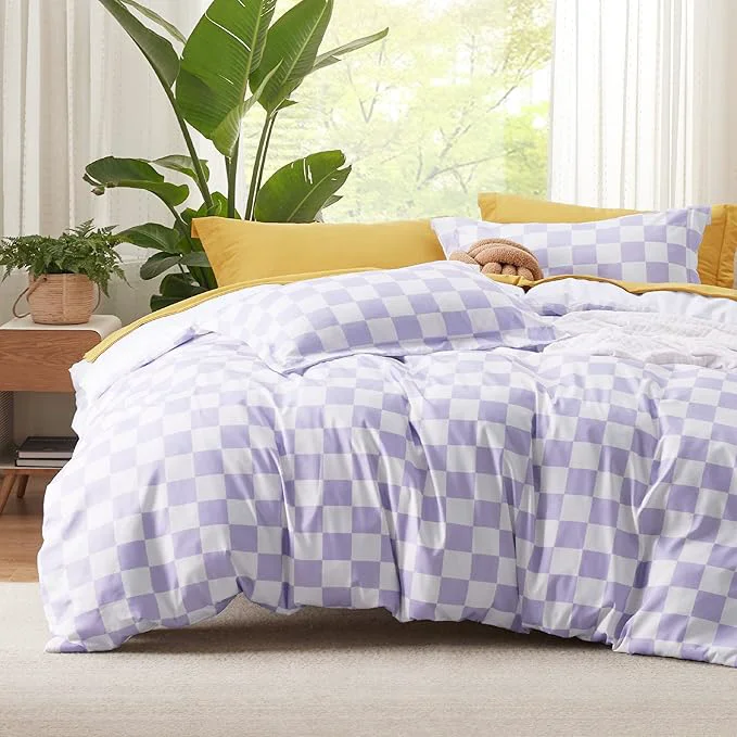 Easy-to-Use Bedsure Duvet Cover Queen Size - Reversible Checkered Duvet Cover Set with Zipper Closure 3 Pieces Purple Bedding Set with 8 Corner Ties and 2 Pillow Shams 20 quot x26 quot Flexible