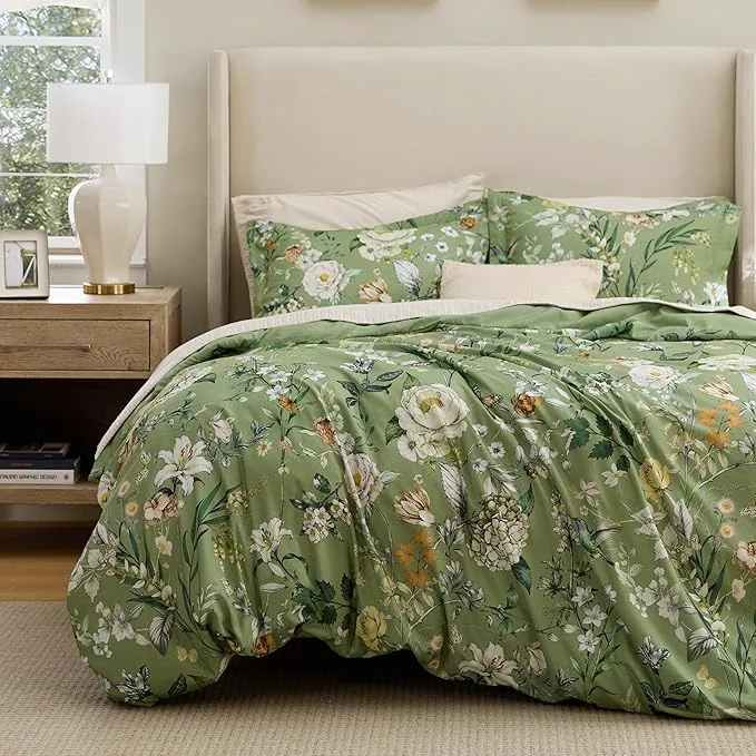Verified Bedsure Duvet Cover King Size - Reversible Green Floral amp Bird Duvet Cover Set with Zipper Closure 3 Pieces Mistletoe Bedding Set with 8 Corner Ties and 2 Pillow Shams 20 quot x36 quot Luxury