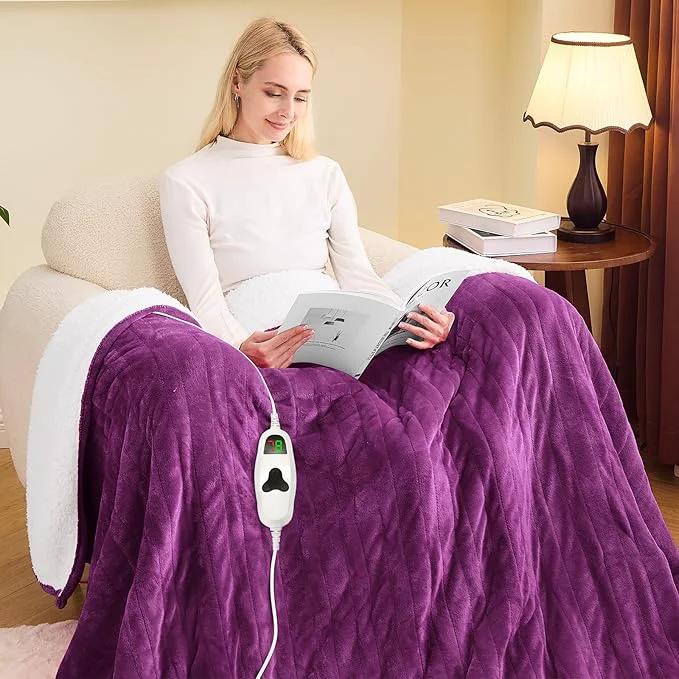 Next-Generation greenoak Heated Blanket Electric Twin 62 quot X84 quot Heating Blanket with 10 Heat Levels 1 2 4 6 8 Hours Auto-Off Soft Flannel Sherpa Warm Heater Christmas Blanket Taro Purple Trendy