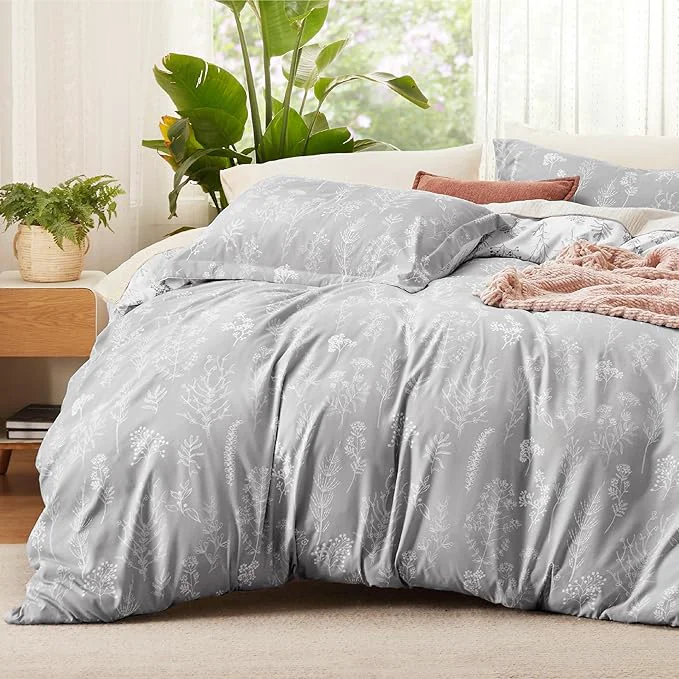 Refined Bedsure Duvet Cover Queen Size - Reversible Grey Queen Duvet Cover Set with Zipper Closure 3 Pieces Botanical Floral Patterned Bedding Set with 8 Corner Ties and 2 Pillow Shams Crafted