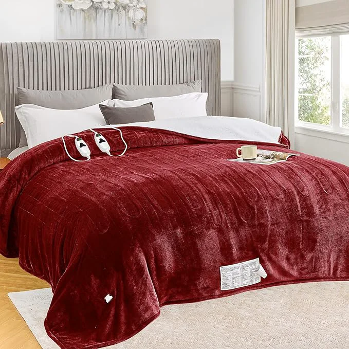 Traditional greenoak Heated Blanket Electric Queen Size 84 quot X90 quot Dual Control Heating Blanket with 10 Levels 1 2 4 6 8 Hours Auto-Off Soft Sherpa Warm Christmas Blanket Red Detailed