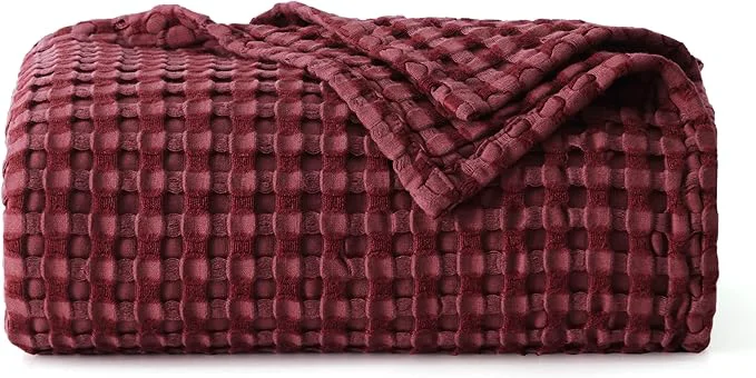 Bedsure Cooling Cotton Waffle Weave Blanket - Lightweight Breathable Blanket of Rayon Derived from Bamboo for Hot Sleepers Luxury Throws for Bed Couch and Sofa Dark Red 50x70 Inches Practical