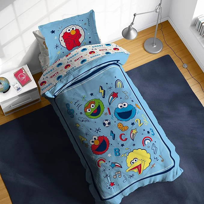 High-Grade Sunny Side Up Sesame Street Twin Comforter Set - 5 Piece Kids Bedding Includes Comforter Sheets amp Pillow Cover – Super Soft Microfiber Bed Set with Elmo Cookie Monster and Big Bird Original