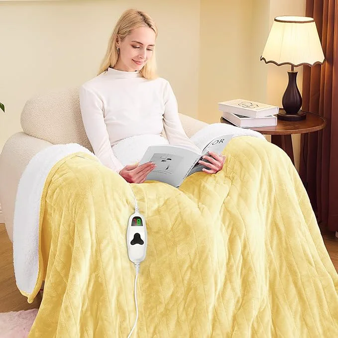 Long-Lasting greenoak Heated Blanket Electric Twin 62 quot X84 quot Heating Blankets with 10 Levels 8 Hours Auto-Off Soft Flannel Sherpa Fluffy House Warming Gifts for Grandma Seniors Mom Cream Yellow Safe