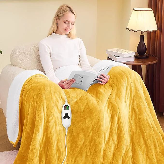 Refined greenoak Heated Blanket Electric Full 72 quot X84 quot Heating Blankets with 10 Heat Levels 8 Hours Auto-Off Soft Flannel Sherpa Fluffy House Warming Gifts for Grandma Seniors Mom Ginger Yellow Next-Generation
