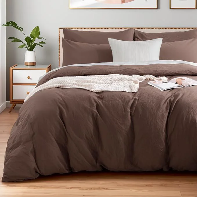 Elite NEXHOME PRO Queen Duvet Cover Set Organic Cotton with Washed Feel amp Linen-Like Texture Comfortable amp Breathable Home Bedding Set Dark Brown No Comforter 90 quot 90 quot Exceptional