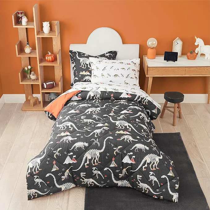 Eco-Friendly Grey Dinosaur Twin Comforter for Boys 5 Pieces Kids Bedroom Bedding Set with Sheets and Pillowcase Super Soft Lightweight for All Seasons Machine Washable Environmentally Friendly