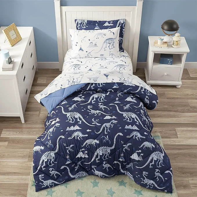 Elite Blue Dinosaur Twin Comforter Set for Boys 5 Pieces Kids Bedroom Bedding with Sheets and Pillowcase Super Soft Lightweight for All Season Machine Washable Genuine