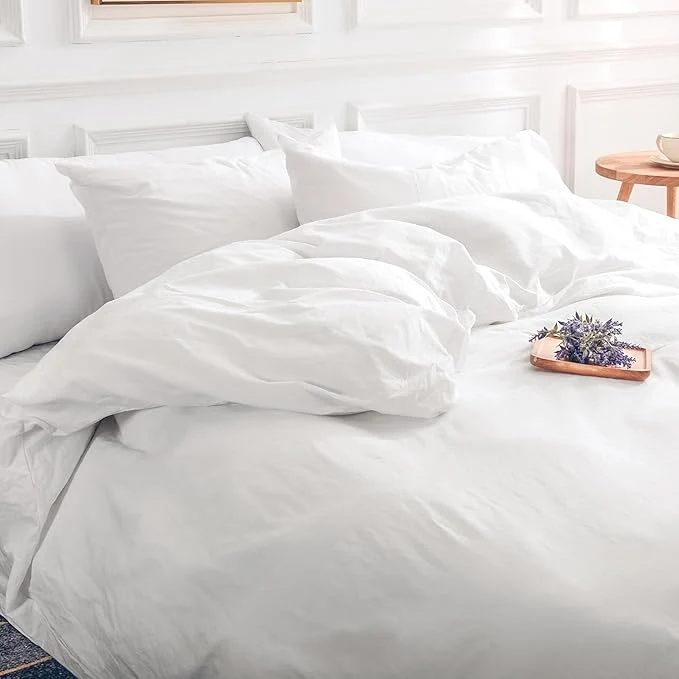 Efficient NEXHOME PRO Cotton Duvet Cover Set King Size Linen Feel White Organic Natural Washed Cotton Duvet Cover Set 3 Pieces Bedding Set with Zipper Closure Lightweight and Breathable No Comforter High-Quality