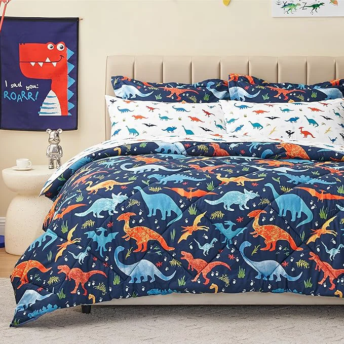 Smooth Queen Size Dinosaur Kids Bedding Set for Boys 7 Pieces Super Soft Lightweight Microfiber Comforter Set with Sheets Bed in a Bag Children Bed Set Verified