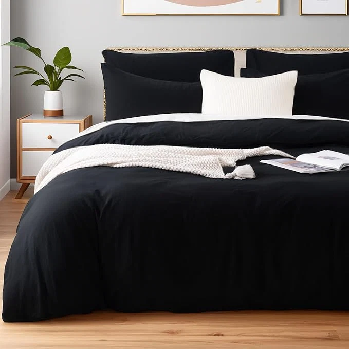 Expertly Made NEXHOME PRO Twin Duvet Cover Set – Organic Cotton with Washed Feel amp Linen-Like Texture Comfortable amp Breathable Home Bedding Set Black No Comforter Premium Material