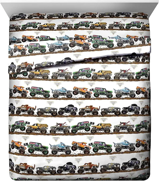 User-Friendly Jay Franco Kids Sheet Set with Fitted Flat Sheets amp Pillow Cover - Ultra-Soft Bedding with Pillowcase for Room Decor Multi - Monster Jam 4 Piece Queen Classic