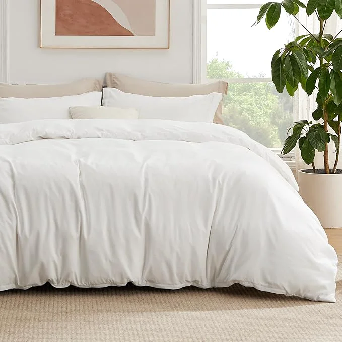 Elite Bedsure Duvet Cover with Fitted Sheet Full - Deep Pocket Hotel Luxury Soft Double Brushed Bedding Set with Zipper Closure Includes 1 Duvet Cover 1 Fitted Sheet 2 Pillow Shams NO Comforter White Green
