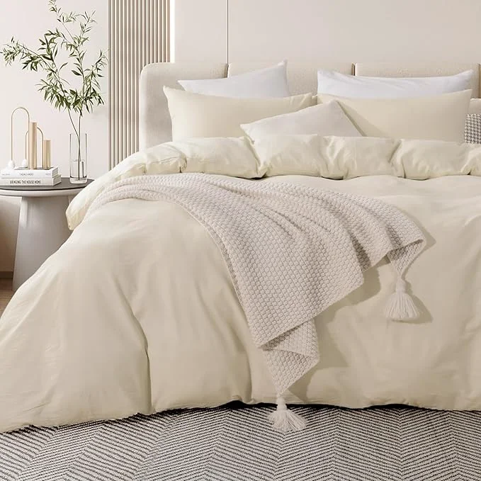 Stylish NEXHOME PRO Duvet Cover Set Queen Size Linen Feel Textured Cream Grey Organic Natural Washed Cotton Duvet Cover 3 Pieces Bedding Set with Zipper Closure Breathable Soft No Comforter Reusable