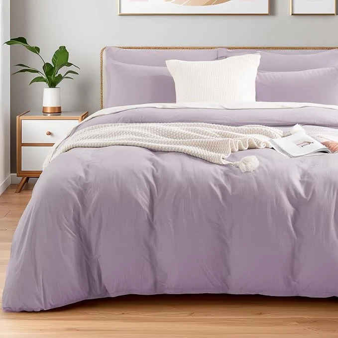 Verified NEXHOME PRO Duvet Cover Set Washed Cotton California Kingn 104 quot x98 quot Organic Natural Linen Look Textured 3 Pieces Bedding Set Lavender Lilac with Zipper Closure Breathable Soft No Comforter Comfortable