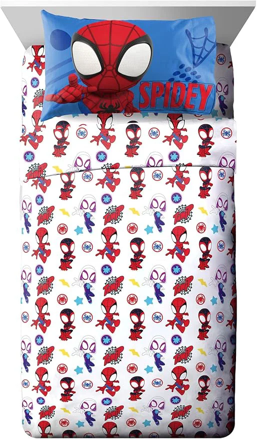 Smart Jay Franco Kids Sheet Set with Fitted Flat Sheets amp Pillow Cover - Ultra-Soft Bedding with Pillowcase for Room Decor White - Spidey amp Friends 3 Piece Twin Breathable