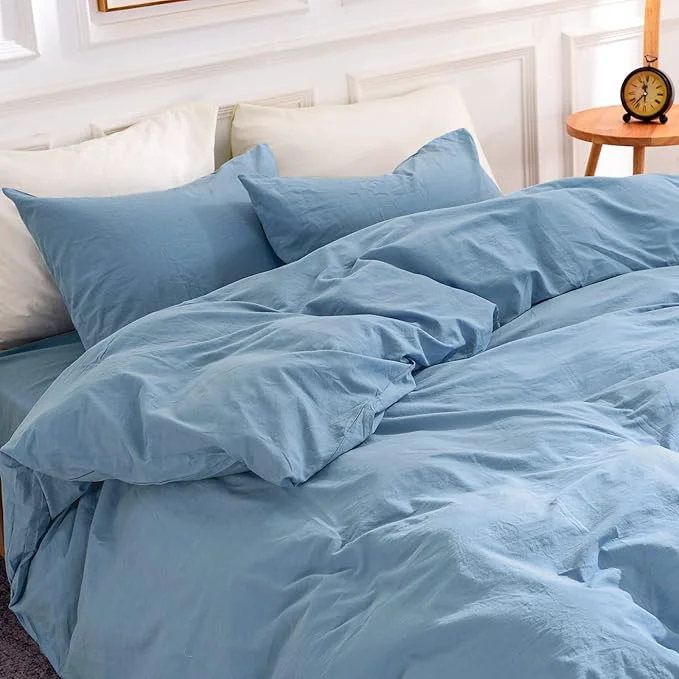 Proven NEXHOME PRO Duvet Cover Set King Size Washed Cotton Linen Look Textured Organic Natural 3 Pieces Bedding Set with Zipper Closure and Corner Ties Breathable Soft Blue No Comforter Easy-to-Use