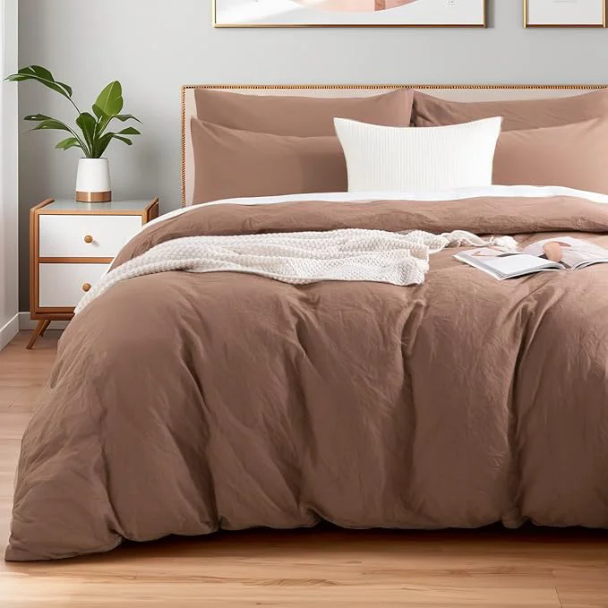Official NEXHOME PRO Duvet Cover Set Washed Cotton California King 104 quot x98 quot Organic Natural Linen Look Textured 3 Pieces Bedding Set Mocha Brown with Zipper Closure Soft No Comforter Genuine