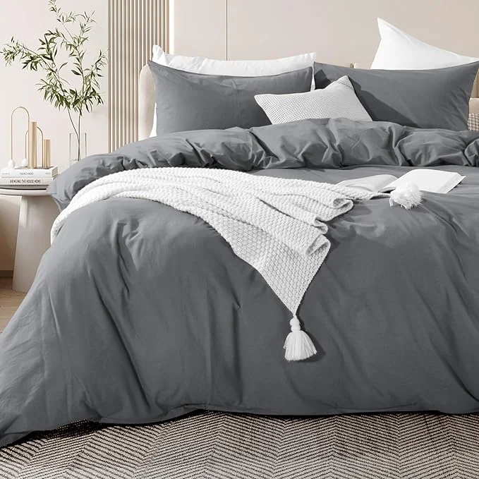 World-Class NEXHOME PRO Duvet Cover Set Washed Cotton Full Size Linen Feel Textured Organic Natural 3 Pieces Bedding Set with Zipper Closure and Corner Ties Breathable and Soft Grey No Comforter Prestigious
