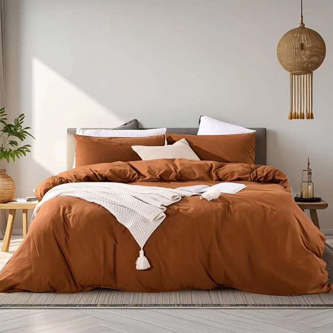 Reusable NEXHOME PRO Terracotta Burnt Orange Duvet Cover Set King Size Linen Textured Organic Natural Washed Cotton Duvet Cover Fall Caramel 3 Pieces Bedding Set with Zipper Closure Soft No Comforter