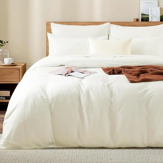 Solid NEXHOME PRO Queen Duvet Cover Set Washed Cotton with Linen-Like Texture Natural Organic Breathable amp Comfortable Includes Home Bedding Set Milk White No Comforter 9090 Premium Material