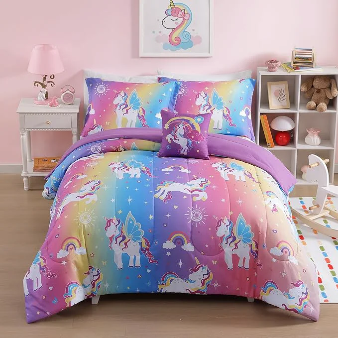 Recyclable Full Size Comforter Set for Girls-4 Pieces Rainbow Unicorn Full Bedding Sets for Kids 1 Comforter 2 Shams and 1 Decor Pillow Fine Crafted