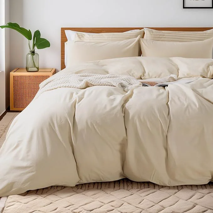 Exceptional NEXHOME PRO Washed Cotton Duvet Cover Super King 108 quot x98 quot Linen Look Textured Organic Natural 3 Pieces Bedding Set with Zipper Closure Breathable No Comforter Exclusive