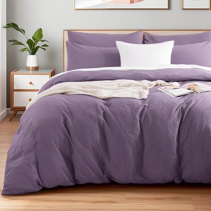 Elegant NEXHOME PRO Queen Duvet Cover Set Washed Cotton with Linen-Like Texture Natural Organic Breathable amp Comfortable Includes Home Bedding Set Dusty Purple No Comforter 9090 Innovative
