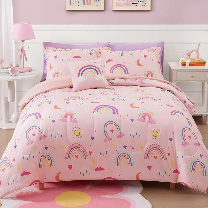 Exceptional Full Size Comforter Set for Girls-4 Pieces Pink Rainbow Glow in the Dark Full Bedding Sets for Kids 1 Comforter 2 Shams and 1 Decor Pillow Healthy