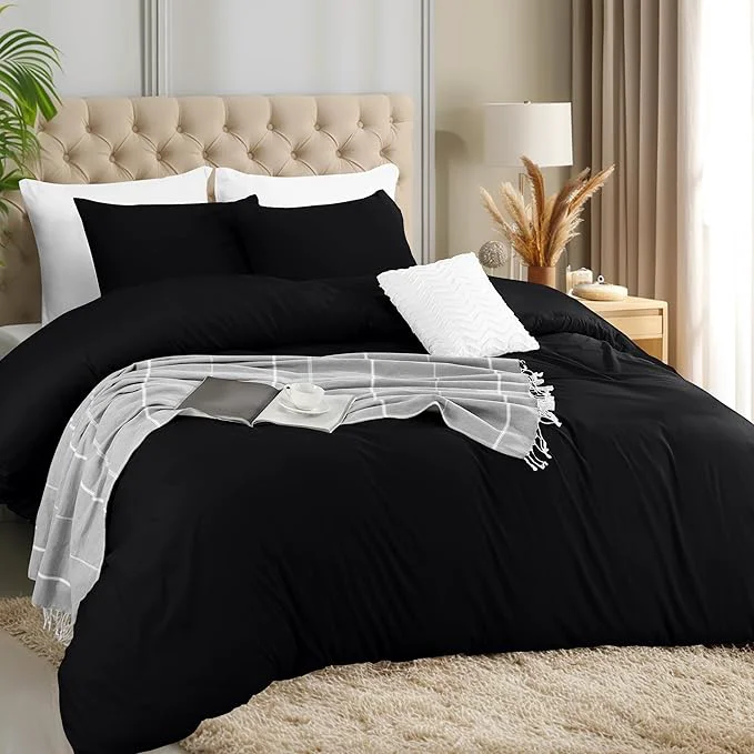 Organic Utopia Bedding Duvet Cover Set with Pillowcases - 3 Pieces Bedding Duvet Cover with Zipper Closure - 1 Duvet Cover with 2 Pillowcases - Soft Brushed Microfiber Queen Black Breathable