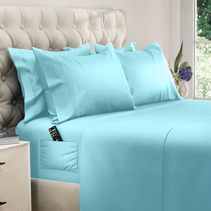 Verified DREAMCARE Full Size Sheets Set - 6 Pcs Deep Pocket Cooling Bed Sheets - Soft Long Lasting Brushed Microfiber with Side Pocket Spa Blue Full Pure