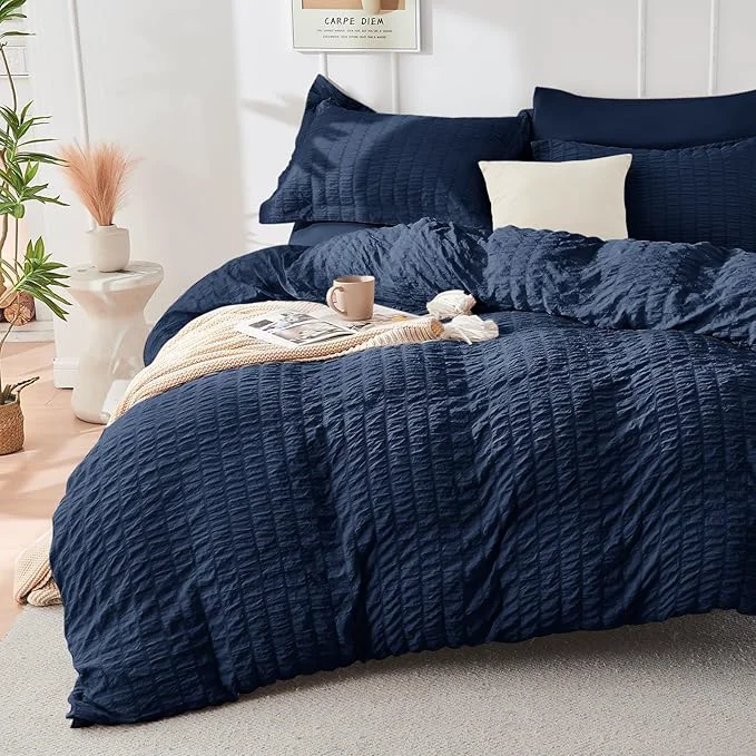 Exclusive HYMOKEGE Navy Blue Duvet Cover Full Size Ultra Soft 3-Piece Seersucker Duvet Cover Set with Zipper Closure Soft Brushed Microfiber Bedding Set with 8 Corner Ties 80 quot x90 quot 2 Pillowshams Solid